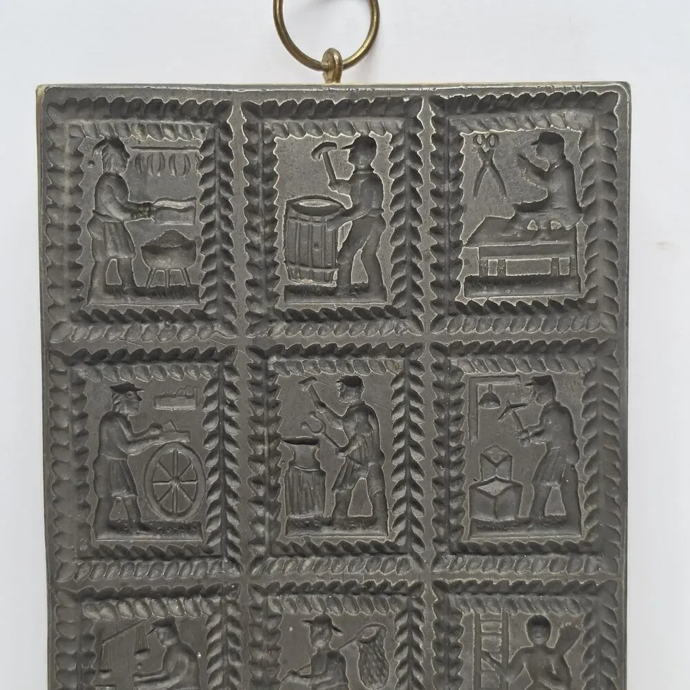 Old Springerle Cookie Biscuit Metal Stamp Mold - 12 Medieval Guildsmen Folk Art